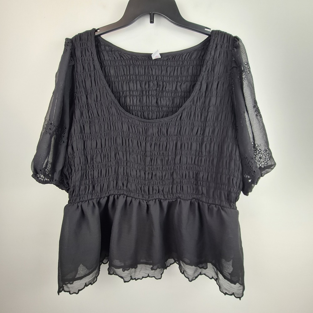Old Navy XXL Black Smocked Puff Sleeve Eyelet Peplum Top Boho Romantic Chiffon